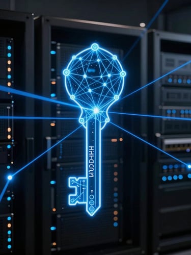 Abstract cryptographic key visualization with glowing blue laser lines and geometric security nodes, low-key dark room server glow, 16:9 cinematic framing