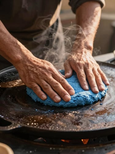 Low-angle portrait of hands gently pressing blue masa on a dark cast-iron comal, warm golden hour light catching the steam, minimalist composition.