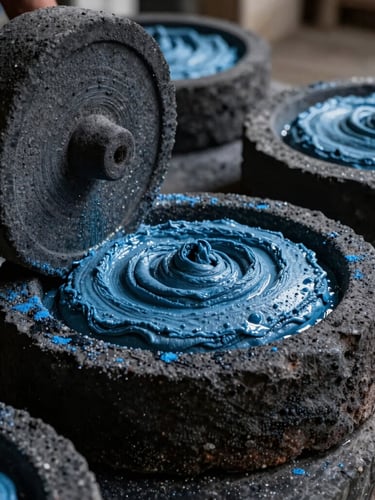 Close-up of volcanic stone wheels grinding wet corn into soft blue masa, moody single-source side lighting, rustic textures.