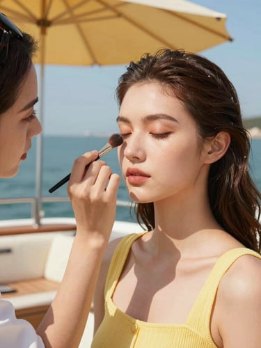 Vibrant editorial portrait of a makeup artist working on a model on a sunny boat deck, warm direct sunlight, saturated retro tones, sharp macro lens