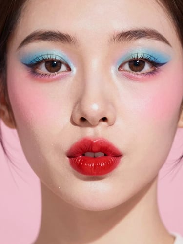 Vibrant editorial makeup portrait, bright high-key studio light, saturated retro tones. Close-up of a model with bold cherry red lips, playful expression, bubblegum pink background, high contrast.