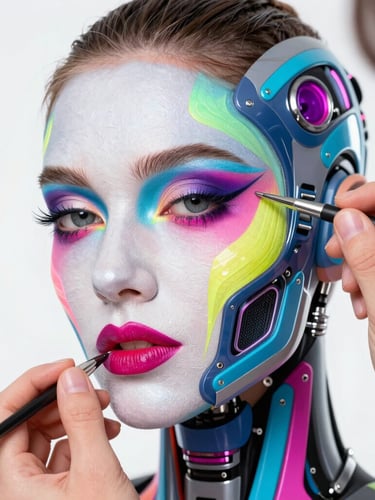 Vibrant close-up of a dramatic sci-fi prosthetic makeup application, neon lighting, highly detailed textures, high-key studio light, professional makeup artist at work