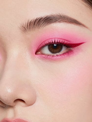 Vibrant editorial close-up of a model with bold graphic cherry-red eyeliner and bubblegum pink eyeshadow, bright high-key studio lighting, saturated retro tones, sharp macro lens