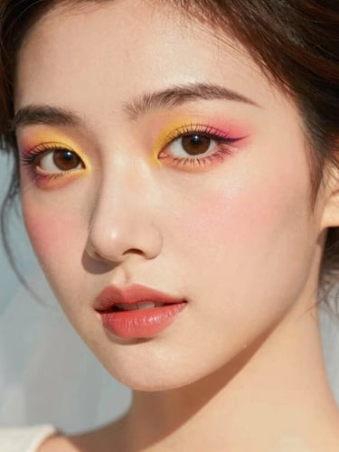 A sun-drenched close-up of a bride with vibrant, high-contrast makeup, direct warm sunlight highlighting flawless skin texture, retro-pop editorial framing.