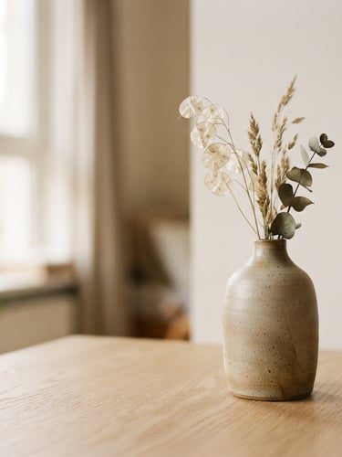 Close-up of a minimalist ceramic vase on a light wood table, soft natural window light, muted earth tones, minimal composition, shallow depth of field, 35mm, warm editorial photography, right third of the frame.