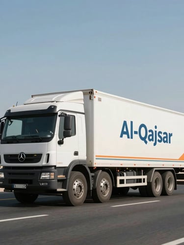 An Al-Qaysar moving truck with clean branding driving down an expansive Abu Dhabi highway during bright daylight, low horizon, cinematic framing.