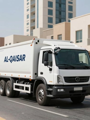 A clean, heavy-duty Al-Qaysar transport truck parked on a wide Abu Dhabi residential street during bright daylight, pristine white and navy branding visible, modern architecture in background.