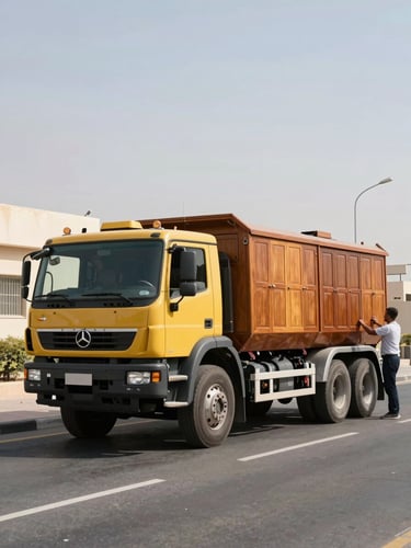 A heavy-duty Al-Qaysar moving truck parked on a clean Khalifa City street during bright UAE daylight, professional crew wrapping a large wooden wardrobe in the background.