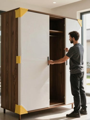 Movers carefully wrapping a dark wood wardrobe with triple-ply protective foam and edge protectors inside a spacious, sunlit Abu Dhabi villa.