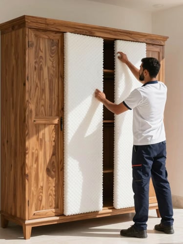 A professional Al-Qaysar mover in clean uniform carefully wrapping a large wooden wardrobe with high-density protective foam inside a bright Abu Dhabi villa, high-contrast UAE daylight.