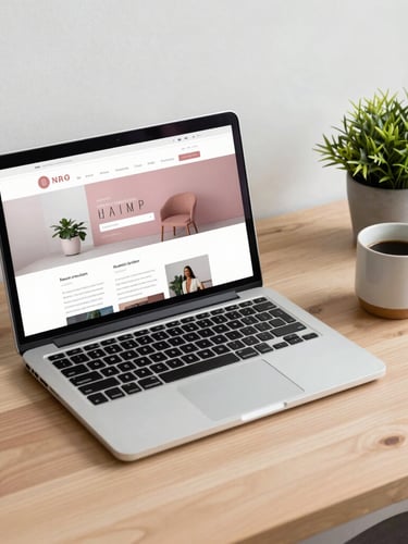 A flat-lay of a modern wooden workspace with a laptop displaying a clean website layout, a ceramic coffee mug, and a small green plant, soft overcast daylight.