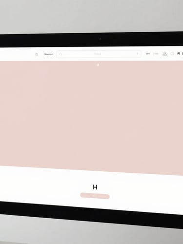 Over-the-shoulder view of a clean browser mockup displaying a minimalist website layout on a modern monitor, soft daylight, muted organic tones with a subtle deep pink accent on the screen, sharp focus.