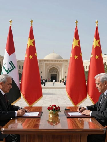 Wide environmental shot of a formal bilateral signing ceremony in Baghdad, high-contrast cinematic daylight, gold-trimmed flags of China and Iraq, polished wooden table, dignified atmosphere.