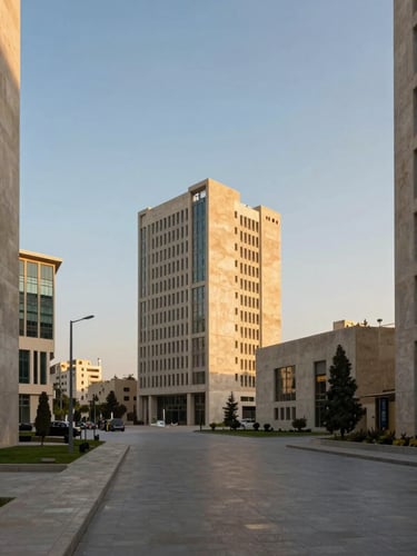 Wide environmental shot of Baghdad's modern diplomatic quarter at golden hour, structured concrete facades, clean composition, cinematic lighting.