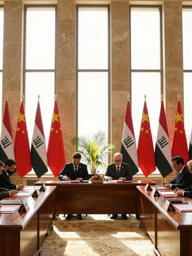 Wide environmental shot of a formal bilateral signing ceremony in Baghdad, golden light streaming through tall windows, national flags of China and Iraq flanking polished mahogany tables.