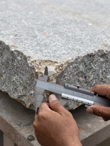 A close-up of Vishnu Singh's hands using steel calipers to measure the edge of a massive, raw travertine slab, soft overcast daylight, focus on the texture of the stone.