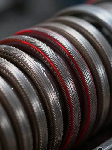 Extreme close-up of a multi-spiral wire reinforced hydraulic hose cross-section under dark-field lighting with sharp red rim highlights reflecting off steel threads.