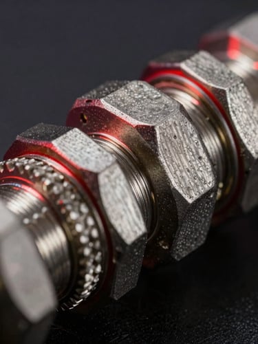Extreme close-up of a multi-spiral wire reinforced hydraulic hose fitting under dark-field studio lighting with sharp red rim reflections, steel texture visible.