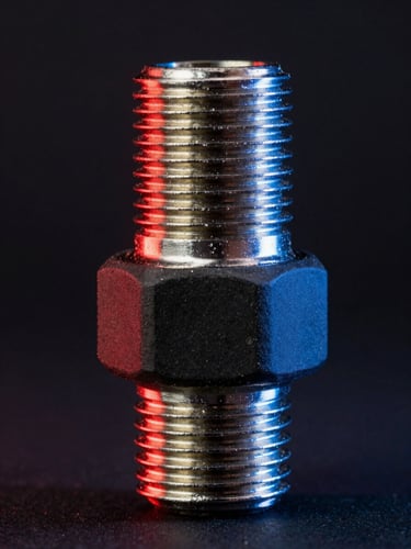 Macro studio shot of a heavy-duty crimped hose fitting, dark-field lighting with sharp red and blue rim lights reflecting off matte rubber and steel threads.
