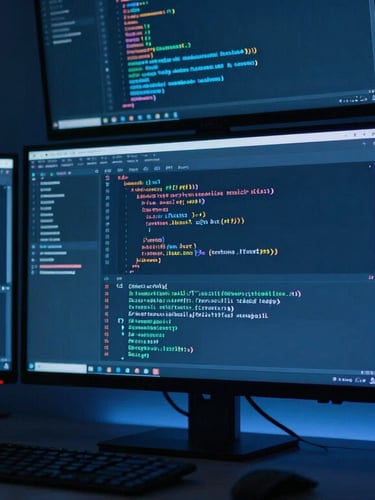 Clean developer workspace with multiple screens displaying actual code, cool-toned ambient blue lighting, sharp angles, 35mm