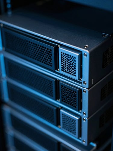 Macro close-up of high-end server hardware in a cool-toned server rack, subtle electric blue ambient glow, sharp technical angles, 35mm photography.