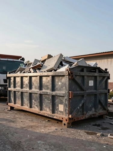 Wide environmental shot, mid-afternoon daylight, a large steel dumpster container loaded with construction rubble positioned at the edge of a building site in Argentina, concrete debris visible, truck partially in frame to the left, open sky above