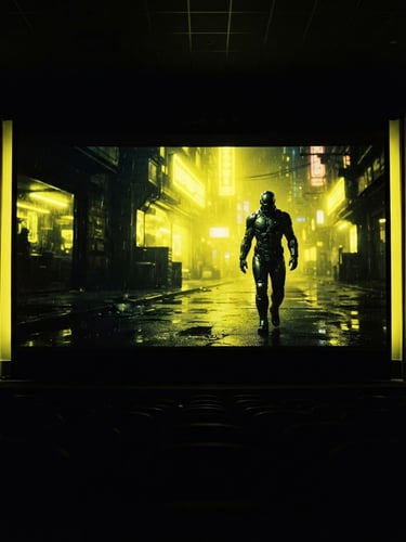 Dramatic cinematic close-up of a high-contrast movie screen glowing in a dark room, neon yellow ambient backlighting, rich shadows, 35mm film style