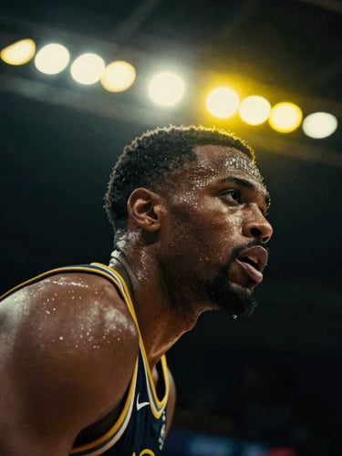 Dramatic close-up of a basketball player in motion, sweat glistening under high-contrast neon yellow stadium lights, rich dark background, shallow depth of field, 35mm film style.