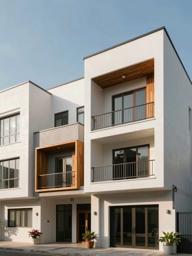 Wide-angle exterior photograph of a modern four-story townhouse in HCMC, clean white concrete facade, warm wood accents on balconies, natural afternoon sunlight casting sharp architectural shadows, clear sky.