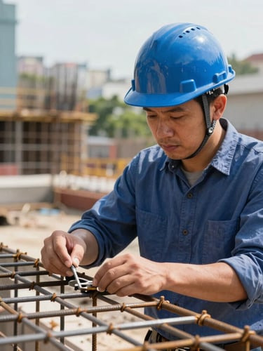Close-up of a construction engineer in a blue hardhat inspecting steel reinforcement grids on an active townhouse foundation in Saigon, bright natural daylight
