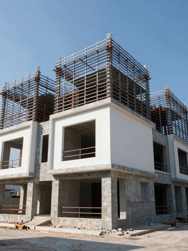 Wide-angle exterior shot of a modern three-story townhouse under construction in HCMC, steel frames visible against a bright blue sky, natural daylight, sharp architectural shadows.