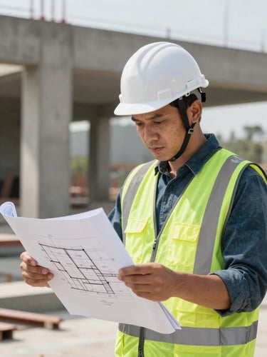 Professional Vietnamese site engineer wearing a white hard hat and safety vest, reviewing architectural blueprints on-site, bright daylight, background showing concrete structure.