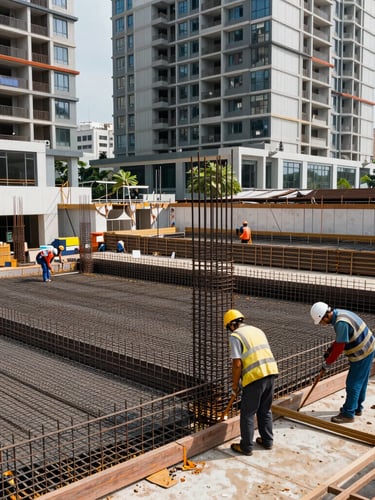 Công trường xây dựng nhà phố hiện đại tại TP.HCM, kỹ sư đội mũ bảo hộ đang kiểm tra cốt thép móng trước khi đổ bê tông, ánh sáng ban ngày chân thực.