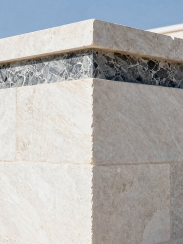 Extreme close-up of premium raw white limestone blocks under bright crisp Mediterranean daylight, sharp clean architectural lines, cool slate and warm limestone tones, 35mm