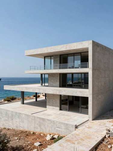 Wide panoramic architectural shot of a modern concrete villa under construction on a Dalmatian island, cargo ferry visible in the background on the blue Adriatic sea, sharp Mediterranean daylight, 35mm