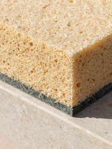 Extreme close-up of a premium stone-wool insulation slab showing the dense fibrous texture, bright natural Mediterranean daylight, clean structural lines, 35mm