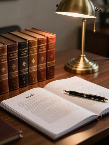 Close-up environmental shot of a partner's desk in a Recife office, leather-bound legal volumes stacked beside a brass desk lamp casting warm tungsten light on open contract pages, a fountain pen resting on the document, deep shadows framing the scene, no people visible