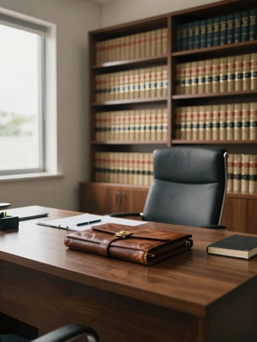 Wide interior of a quiet partner's office in Recife, natural north-facing daylight entering from left, a minimal desk with a closed leather-bound brief and a single pen, bookshelves of law volumes in the background, no people visible, calm and authoritative atmosphere