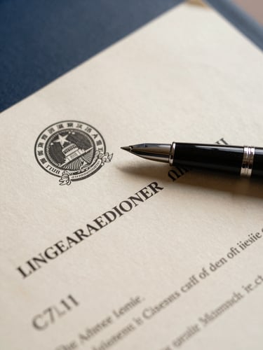 Extreme close-up flat-lay of official government documents with an embossed state seal visible, a pen resting across the paper, studio strobe lighting from above, crisp shadows, ivory and navy tones