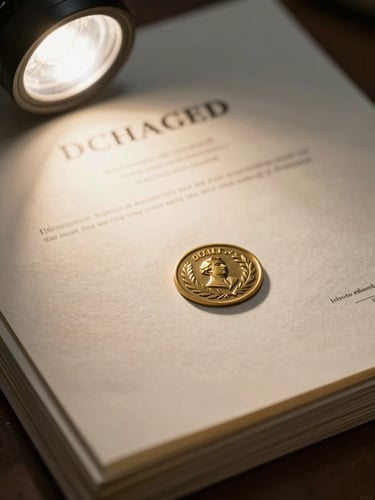 Extreme close-up of an official stamped government document, a brass embossed seal visible on heavy cream paper, single overhead studio light casting precise shadows across the document surface, organized stack of additional filings visible at the lower edge, no people