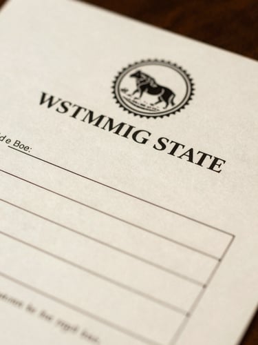 Macro close-up of an official Wyoming state filing document, stamped seal visible in upper corner, organized papers beneath, north-facing studio light, flat and precise framing, no people