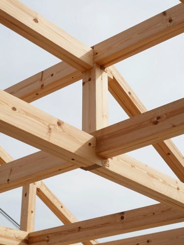 Low-angle shot looking up at raw, massive timber beams of a newly erected roof truss, warm wood tones contrasting with a bright sky, sharp details, 35mm lens