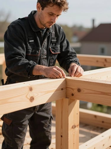 A professional German carpenter in traditional black corduroy work clothing inspecting a perfectly crafted timber joint on a roof structure, natural bright afternoon light, shallow depth of field, sharp wooden textures.