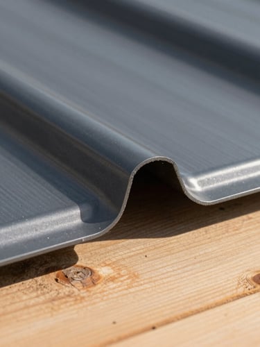 Crisp macro shot of a hand-folded metal standing seam joint on an anthracite zinc roof, natural daylight casting sharp shadows, highlighting the metallic texture