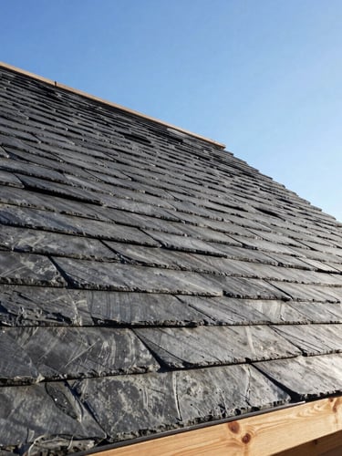 Low-angle architectural shot of a newly finished slate roof under bright morning sun, sharp shadows highlighting the precise interlocking tiles, clear blue sky background, 35mm lens