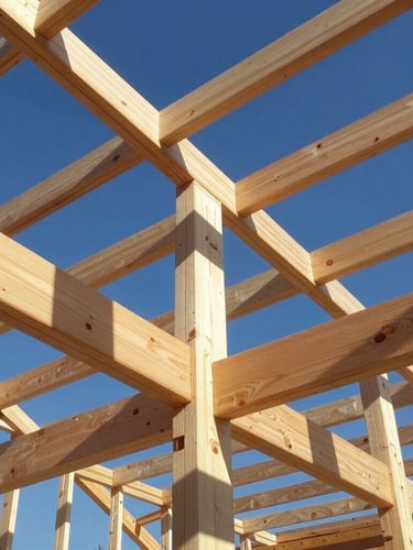 Low-angle architectural photograph looking up at a newly constructed timber roof frame, raw light pine beams intersecting against a clear blue Franconian sky, sharp morning sunlight casting graphic shadows, 35mm lens.