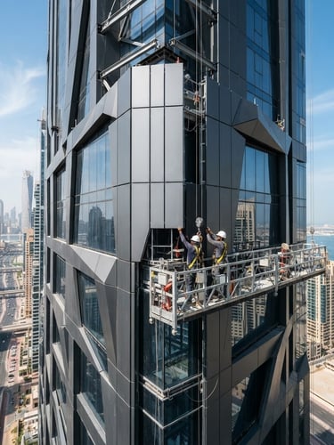 Wide shot of aluminum cladding installation on a modern high-rise building in Dubai, bright UAE daylight, sharp focus, showing clean joints and structural alignment.