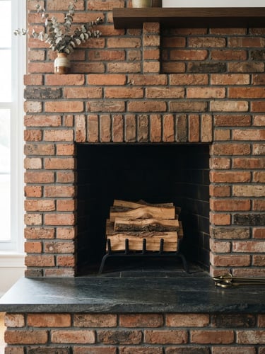 Crisp portrait of a meticulously clean masonry hearth, bright natural daylight, warm brick and cool charcoal tones, sharp focus, 35mm lens.