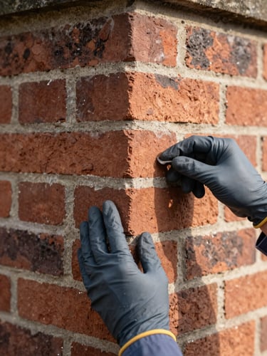 Close-up of a technician's hands in clean gloves, meticulously inspecting a historic brick masonry joint on a chimney, bright natural daylight, sharp focus.