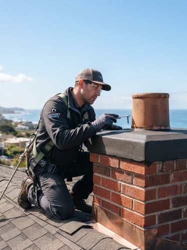 Certified chimney technician inspecting a clean masonry chimney crown against a clear blue coastal sky, bright natural daylight, crisp focus.